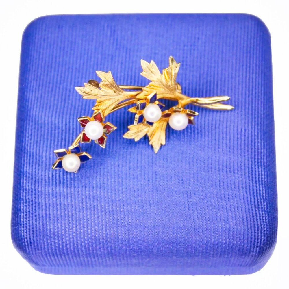 Vintage Turin Inc. 1/20 12k Yellow Gold Filled Enamel & Pearl Flower Brooch Pin
